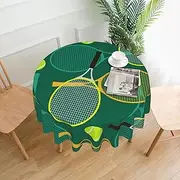 Tennis Rackets and Balls Tablecloth Washable Waterproof Green Table Cover for Kitchen Dining Room Picnic Party BBQ Wedding, Round 60" Table Cloth