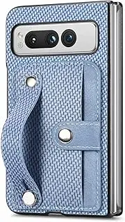 [Asuwish] Phone Case for Google Pixel Fold 5G 2023 and Cell Accessories with Wrist Strap Credit Card Holder Slot Stand Kickstand Protective Slim PixelFold Women Men Carbon Fiber Blue