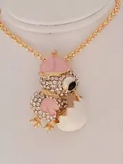 PINK CHICK Betsey Johnson Chicken & Egg Crystal Easter NECKLACE PENDANT BROOCH