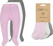 [Biotex] Organic Cotton Baby Girl Leggings Stocking, Footed Tights, Pantyhose for Infant Toddler, Mod:1002, 3 Pack