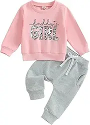 [MAHUAOYIXI] Toddler Baby Girls Outfits Leopard Letter Print Long Sleeve Crew Neck Sweatshirts Tops with Elastic Waist Pants 2Pcs Set Daddy Baby Clothes for Girls