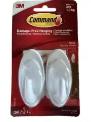 Command White Hooks 2 Hooks with 4 strips Holds up to 3 lb 1 Pack