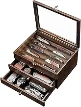 Yoimori Knife Display Case, Knife Collection Display Holder with Glass Lid, 3-Layer Wooden Pocket Knife Case with Drawers