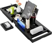 Yirilan Bath Tray, Foldable Bathtub Caddy, Adjustable Premium Bamboo Black