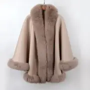 Women's Brand New Camel Beige Tan Cashmere Wool Wrap Cape Fox Fur