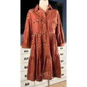 NWT New $178 Anthropologie Eva Franco Brown Eyelet Cotton Mini Dress Petite MP