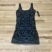 Aidan Mattox Black Floral Leaf Beaded Shirt Cocktail Dress Size 14 Beautiful!