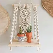 Cozioz Macrame Wall Hanging Shelf, Handmade Boho Floating Wood Shelf with Decorative Rope, Indoor/Outdoor Plant Display Storage Shelf