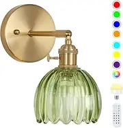 EIDEARAY Battery Operated Wall Sconce, Vintage Wall Sconce with Deep Green Tulip Glass Lampshade Rechargeable Battery Powered Wall Light with Remote Control for Bedroom,Living Room, Hallway, Aisle