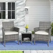 [ALFORDSON] Outdoor Patio Furniture 3pcs Conversation Set, Wicker 3 Pieces Lounge Chair & Glass Coffee Table Setting, Steel Frame Garden Rattan Sofa with Cushions, Light Grey