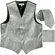 New formal Men's paisley slim fit Tuxedo Vest Waistcoat_Necktie & Hankie Silver