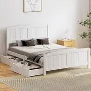 Oikiture Double Bed Frame with 2 Drawers Pine Wood Bed Frame Platform Bed with Headboards and Footboards, White