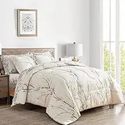 UOZZI BEDDING Cream White Bed in a Bag King 7 pc Branch Style All Season Soft Microfiber Reversible Bed Comforter Set (1 Comforter 2 Pillow Shams 1 Flat Sheet 1 Fitted Sheet 2 Pillowcases)