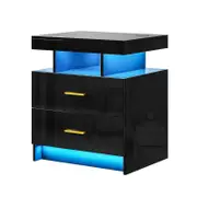 Black Smart Bedside Table LED Shelving Night Stand Desk Drawers