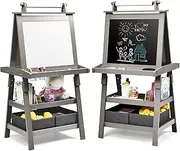 Costway Kids Art Easel, Double-Sided Drawing Art Easel Board w/Magnetic Chalkboard, Dry Erase Board, Paper Roll, 3 Shelves, 2 Removable Fabric Boxes, 2 Magnets & 2 Pigment Cups, Toddler Standing Art Easel (Grey)