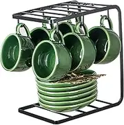 vicrays Ceramic Espresso Coffee Cups - 4 oz Porcelain Espresso Cups Set with Saucers Spoons and Metal Stand for Tea Cafe Cappuccino Latte - Set of 6 - Green