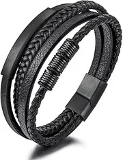 [Generic] Men's Braided Leather Bracelet, Multi-Layer Design, Black Magnetic Clasp, Gift Box Included