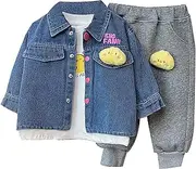 [Generic] Children's Flower Denim Coat + Top + Pants Three Piece Female Leisure Clothes Spring Suit Baby Girl Outfits Set Letter (Light Blue, 12-18 Months)