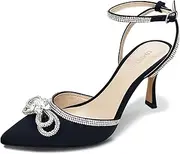 [UMECOOL] Rhinestone Bow Heels for Women, Slingback Kitten Heels Pumps Stilettos Satin, Closed Pointed Toe Ankle Strap Kitten Heel Sandals Formal Shoes for Wedding Bridal Party Evening Prom Dress Shoes