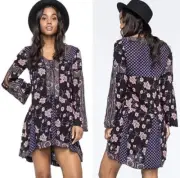 Anna Sui x O'neill Womens Black Floral Patchwork Long Sleeve Dress Size S Dottie