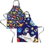 DECOWALL APS-202 Kids Apron 2 Pack – Dinosaurs, Space Planets for Boys Girls Toddler Chef Kitchen Pocket Cooking Baking Painting Crafting Art Gardening Adjustable Strap Great Gift Little Helper