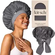 Kitsch XL Satin Bonnet for Sleeping - Softer Than Silk Hair Bonnet for Women - Secure Fit, Adjustable Night Cap for Curly & Textured Hair - Prevents Breakage, Tangles & Thinning - Charcoal
