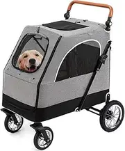 Folding pet pram with Large seat Cabin,pet Strollers for Medium Large Dogs 55kg,4 Wheels Doggy Pushchair Bugg,pet Travel Carriage with Safety leashes,mesh Windows