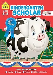 School Zone - Kindergarten Scholar Workbook - 64 Pages, Ages 5 to 6, Alphabet, Phonics, Shapes, Patterns, Counting, Addition & Subtraction, and More: 2301