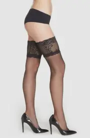 $35 Natori Women Black Feather Lace Thigh High Stay-Up Stockings Size S/M