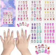 SIUSIO 120 Pcs 5 Pack Children Acrylic Fake Nails Press on Pre-glue Full Cover Glitter Gradient Color Rainbow Short Kids Stick On False Nail Art Kits Set for Kids Little Girls - Cutie Unicorn Theme