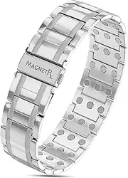 MagnetRX 3x Strength Mens Magnetic Bracelet – Titanium Magnetic Bracelets for Men – Premium Fold–over Clasp & Adjustable Length with Sizing Tool & Gift Box (Silver)