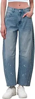 [Generic] Womens Casual Balloon Pants Wide Leg Mid Waist Cropped Denim Pants Y2k Loose Barrel Baggy Jeans with Pockets
