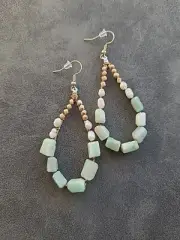 Burma Jade Fresh Water Pearls Beaded Wire-wrapped Fish Hook Earrings