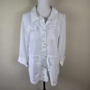 Talbots Womens Jacket L White Linen Blend Button Front Lightweight Tie Waist New