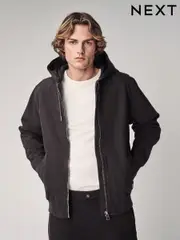 Black 100% Cotton Canvas Hooded Zip Through Worker Jacket (E66537) | $127