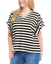 Karen Kane Plus Size Striped Flutter Sleeve V Neck Top