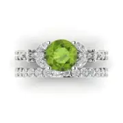 2.7 Round Cut Marquise 3stone Natural Peridot Promise Bridal set 14k White Gold