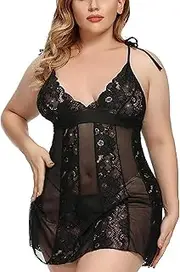 [TAMOP] Womens Lingerie Sexy Plus Size Chemise Lace Lounge Sleepwear Dress Black Plus Size