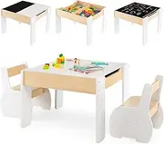 [Honey Joy] Kids Table and Chairs Set, 4-in-1 Wooden Activity Table and 2 Chairs for Drawing, Studying, 3 PCS Desk Furniture Set for Children w/Storage, 2-in-1 Tabletop, for Playroom, Daycare (White)