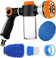 Upgrade Pup Jet Dog Wash for Outdoor, Dog Shampoo Hose Attachment with Soap Dispenser, Dog Wash Hose Attachment with Pet Bath Brush Car Wash Mitt and Dog Comb for Showering Pet (Hose Not Include)