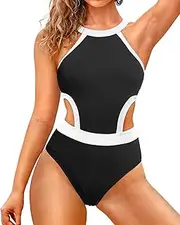 [Holipick] Women's One Piece Swimsuit Cutout High Neck Bathing Suits Tummy Control Swimwear for Teen Girls, Black
