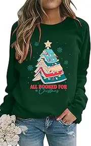 [APRFLOWER] Merry Christmas Sweatshirts Women All Booked for Christmas Shirt Funny Holiday Xmas Tree Graphic Pullover Tops