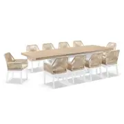 Austin Outdoor 2.2m-3m Extension Dining Set with Light Oak Aluminium and 10 Hugo Chairs White - Cream