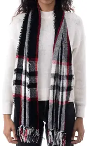 Style & Co Plaid Fringe-Trim Womens Chenille Scarf Black Red