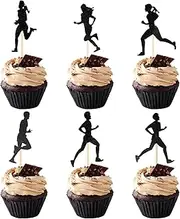 24PCS Black Glitter Running Cupcake Toppers, Running Cupcake Picks, Sports Cake Decorations, Fitness Theme Marathon Theme Decorations for Birthday Party Cake Decorations Supplies