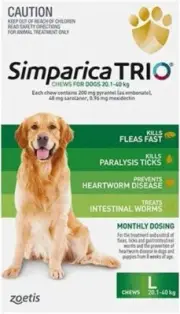 Simparica Trio Flea Tick and Worming Chews for Dogs 20.140 kg Green Pack of