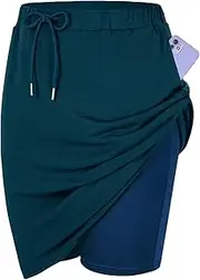[American Trends] Tennis Skirt for Women with Pockets Athletic Skort Stretchy Knee Length Golf High Waist Skirt Drawstring Shorts, Blue, Medium