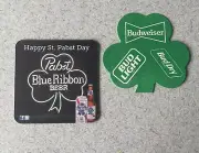2 (TWO) St. Patricks Day Beer Coasters Shamrock Budweiser / Pabst Blue Ribbon