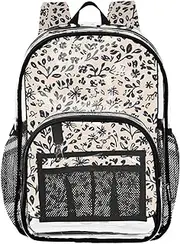 GuoChe Clear Backpack For High School Florals Blush Beige Clear Book Bag For Teens Transparent Seethrough PVC Backpacks, Florals Blush Beige, 10.6" x 7" x 15.7", Art Deco