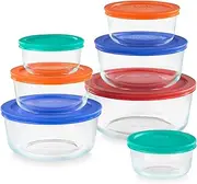 Pyrex Simply Store Round Glass Food Containers with BPA Free Plastic Multi Coloured Lids (14 Piece Set)